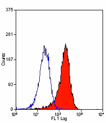 Flow cytometry analysis of J774 cells labelling F4/80 (red) with ab6640 at a dilution of 1/50 followed by goat anti-rat IgG FITC secondary antibody at 1/100 dilution.