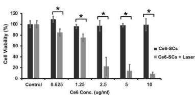 Viability of 4T1 cells using MTS assay to measure response to Chlorin e6 photosensitizer with and without laser irradiation.