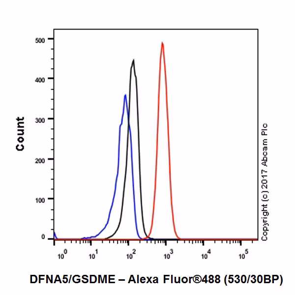 Intracellular flow cytometric analysis of SH-SY5Y cells labeled with DFNA5/GSDME (red), compared with isotype control (black) and unlabeled control (blue).